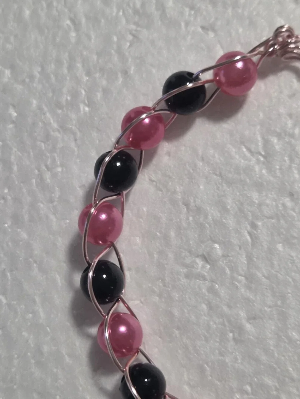 Handcrafted Pink and Black Faux Pearl Wire Bracelet